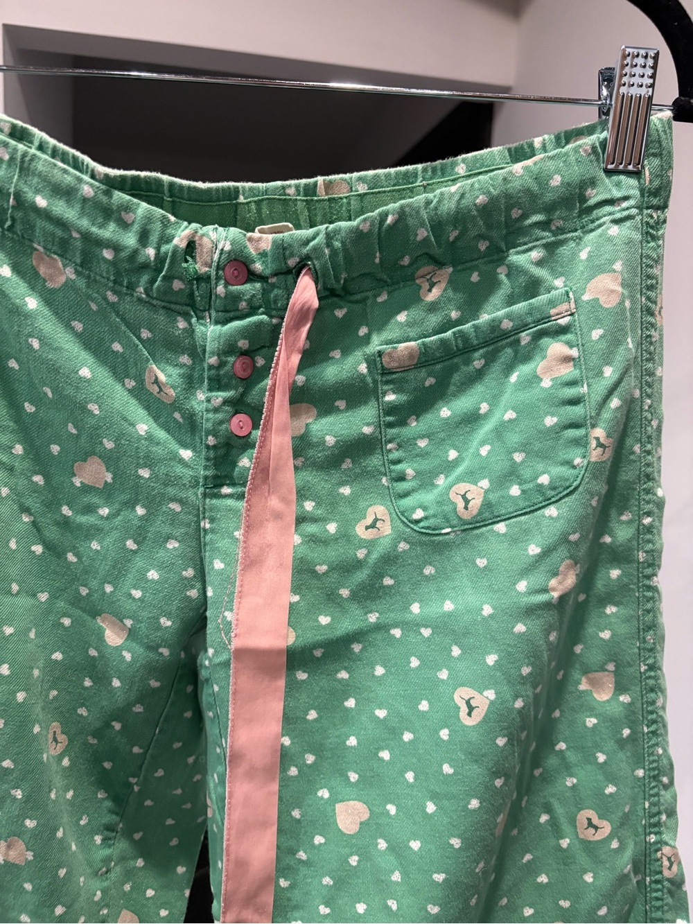 Y2K PINK Victoria's Secret Green Heart-Print Pajama Pants with Pink Logo - Picture 4 of 5